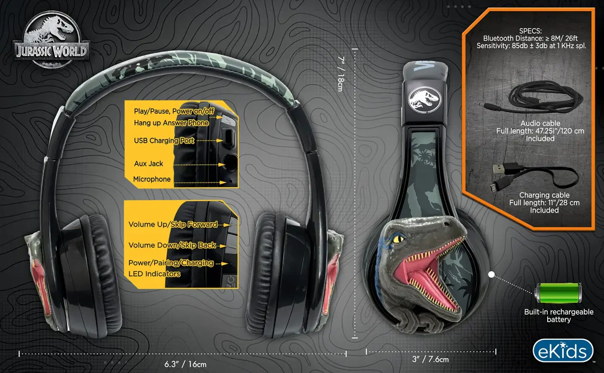 eKids Jurassic World Bluetooth Headphones for Kids, Wireless Over-Ear Headphones with Microphone | Kid-Friendly Stereo Sound - view 4