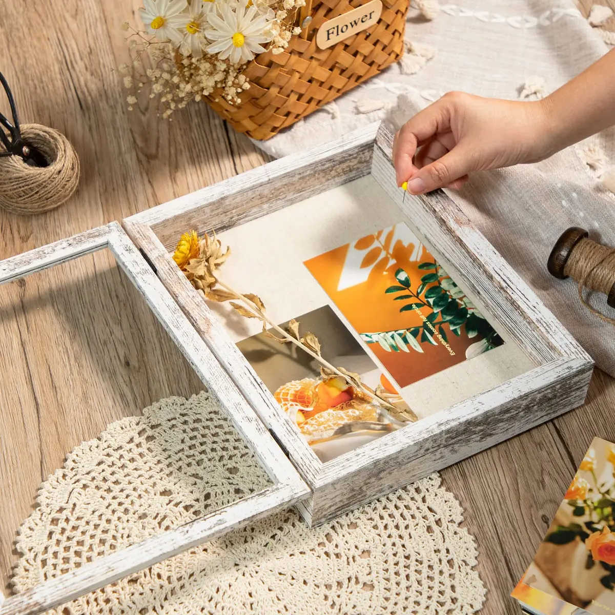 Califortree 8x10 Shadow Box Frame with Linen Back | Rustic Wall Display with Glass & Push Pins - view 4