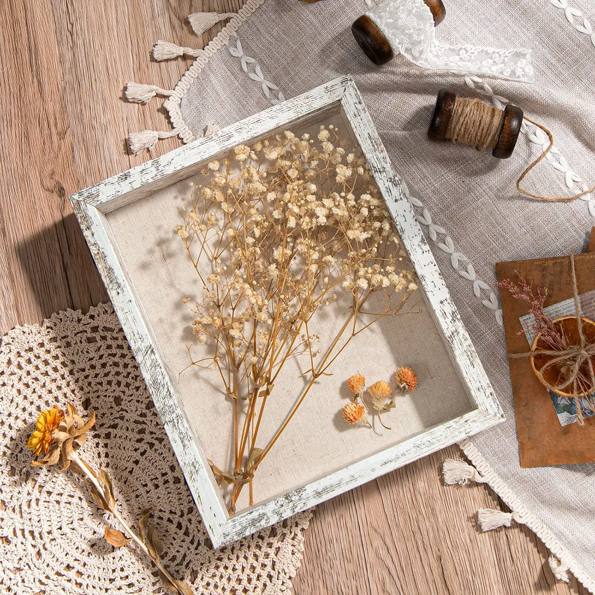Califortree 8x10 Shadow Box Frame with Linen Back | Rustic Wall Display with Glass & Push Pins - view 5
