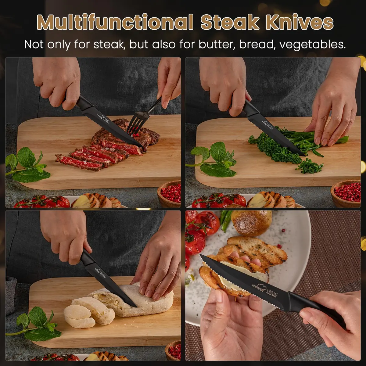 Amorston Steak Knives Set of 8, Serrated High Carbon Stainless Steel Blades 20.3 cm (8 inches) | Dishwasher Safe Black Kitchen Knives - view 5