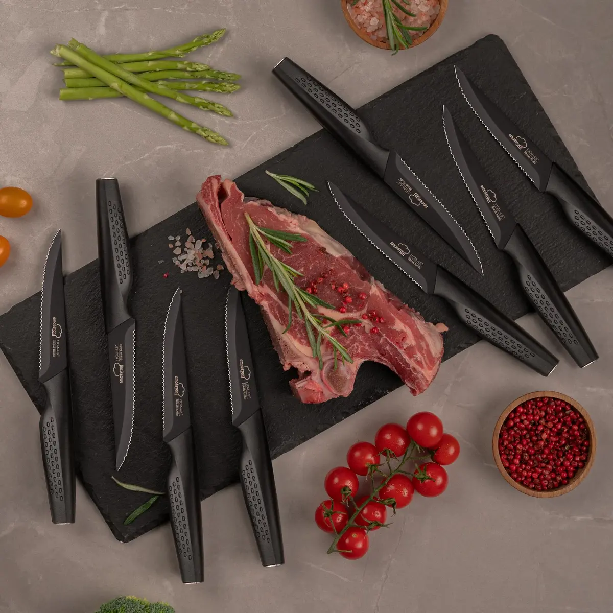 Amorston Steak Knives Set of 8, Serrated High Carbon Stainless Steel Blades 20.3 cm (8 inches) | Dishwasher Safe Black Kitchen Knives - view 6