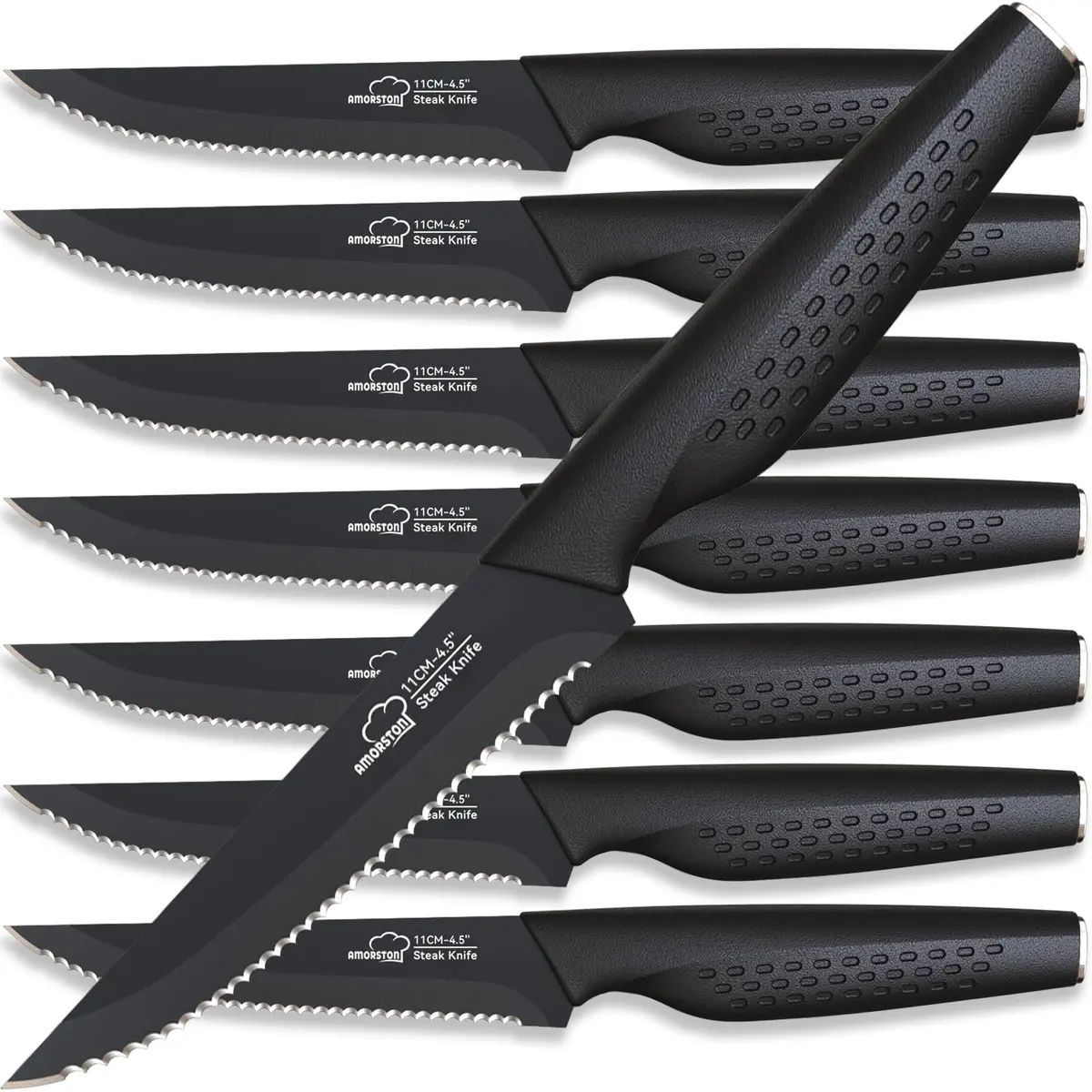 Amorston Steak Knives Set of 8, Serrated High Carbon Stainless Steel Blades 20.3 cm (8 inches) | Dishwasher Safe Black Kitchen Knives - main product image