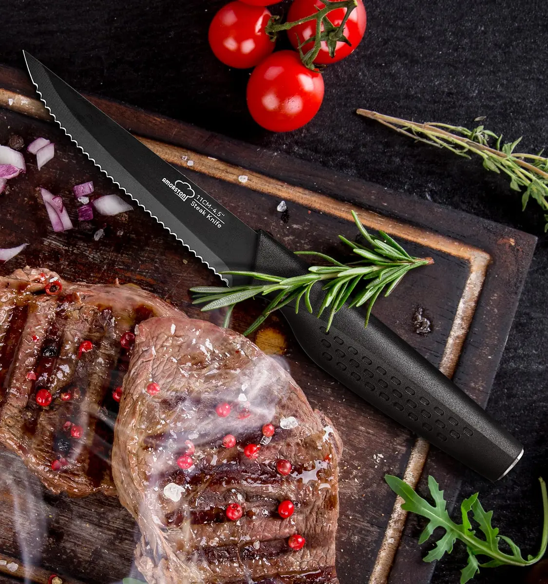 Amorston Steak Knives Set of 8, Serrated High Carbon Stainless Steel Blades 20.3 cm (8 inches) | Dishwasher Safe Black Kitchen Knives - view 7
