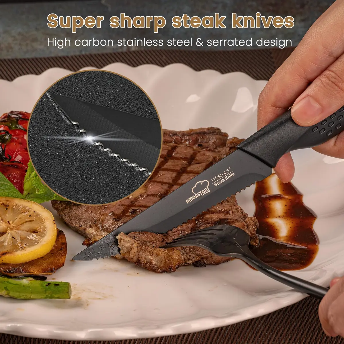 Amorston Steak Knives Set of 8, Serrated High Carbon Stainless Steel Blades 20.3 cm (8 inches) | Dishwasher Safe Black Kitchen Knives - view 2
