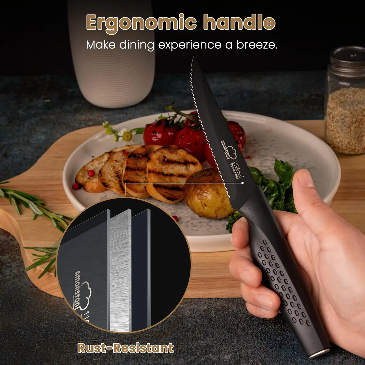 Amorston Steak Knives Set of 8, Serrated High Carbon Stainless Steel Blades 20.3 cm (8 inches) | Dishwasher Safe Black Kitchen Knives - view 3