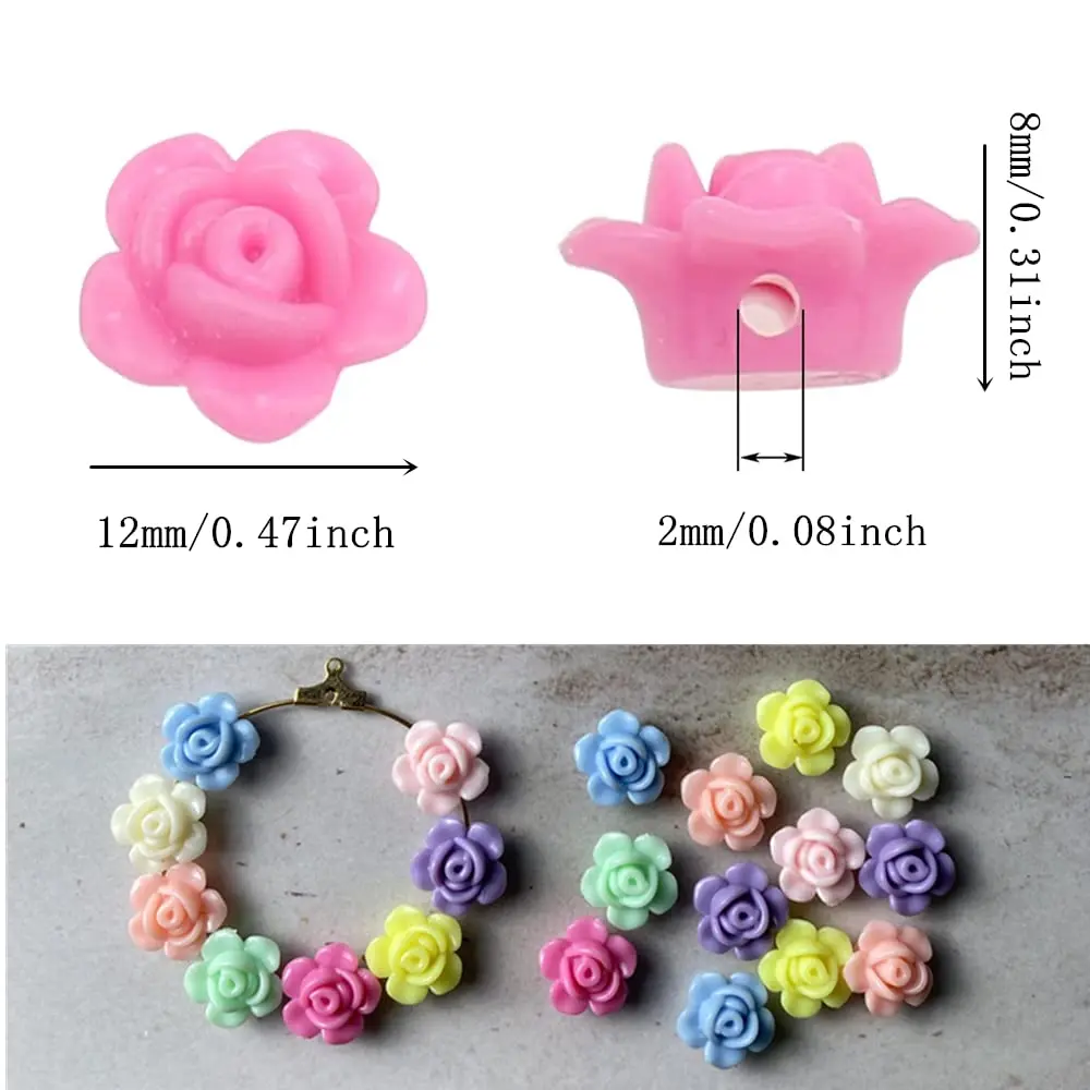 Jmassyang Acrylic Rose Beads 12mm | Colorful Flat Back Spacer for Jewelry DIY (600 pcs) - view 2