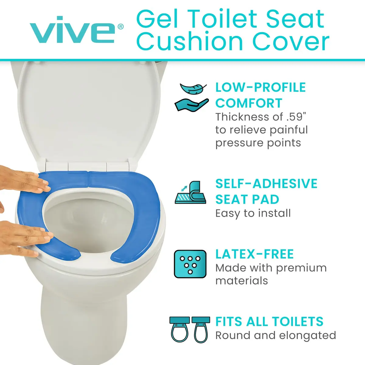 Vive Gel Toilet Seat Cushion Cover - Raised Padded Riser Cushion | Soft Silicone Comfort, Universal Fit, Waterproof (14.25” x 6.89” x 0.59”) - view 2