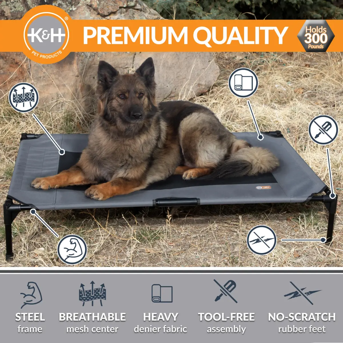 K&H Pet Products Outdoor Elevated Dog Bed Cooling Raised Cot Charcoal XL 50x32in | Breathable Mesh for All-Season Comfort - view 2