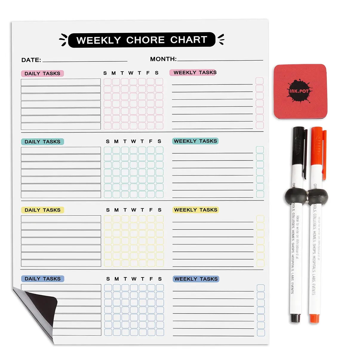 Inkdotpot Magnetic Chore Chart 8.5 x 11 Inches | Family Responsibility Organizer with 2 Markers & Eraser - main product image