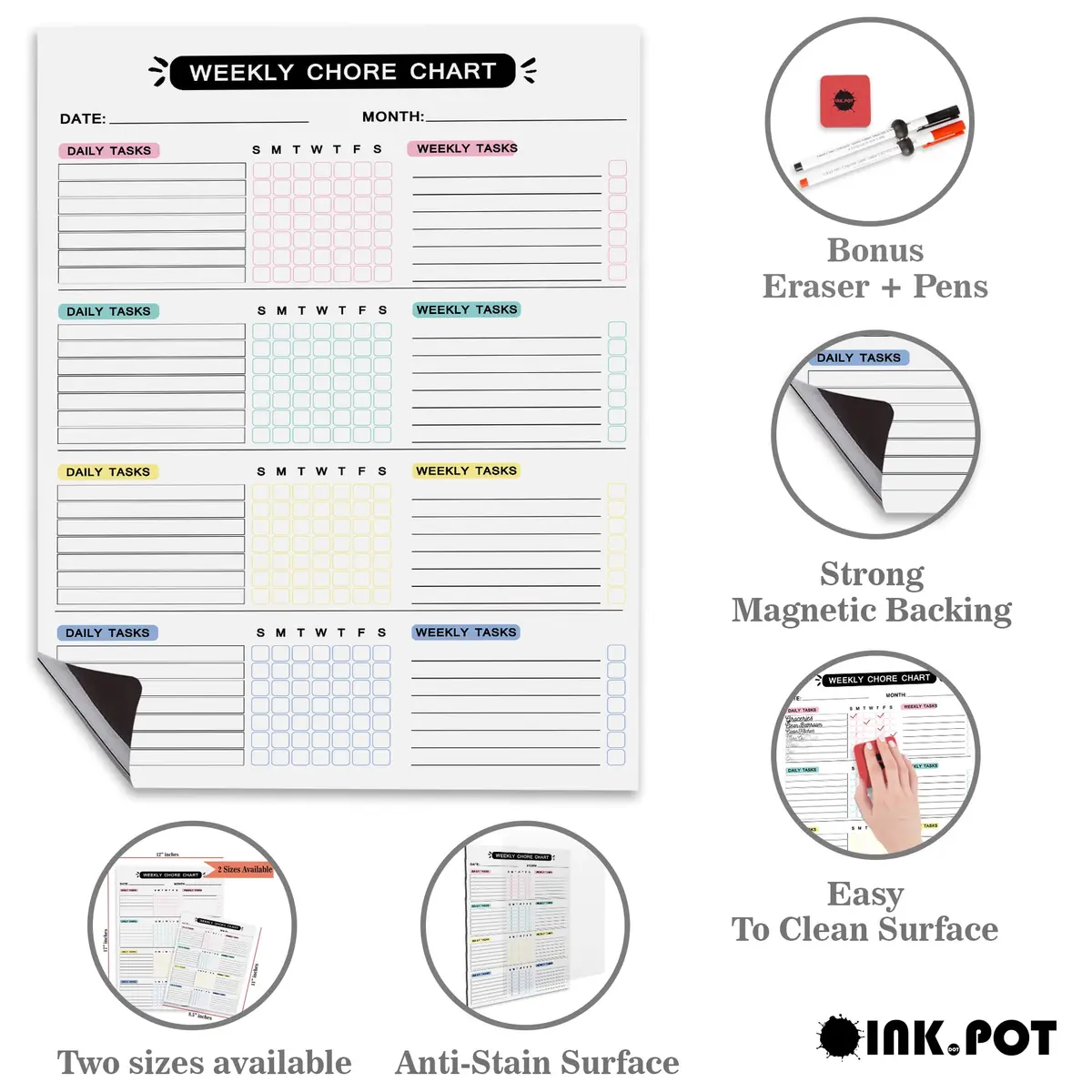 Inkdotpot Magnetic Chore Chart 8.5 x 11 Inches | Family Responsibility Organizer with 2 Markers & Eraser - view 3