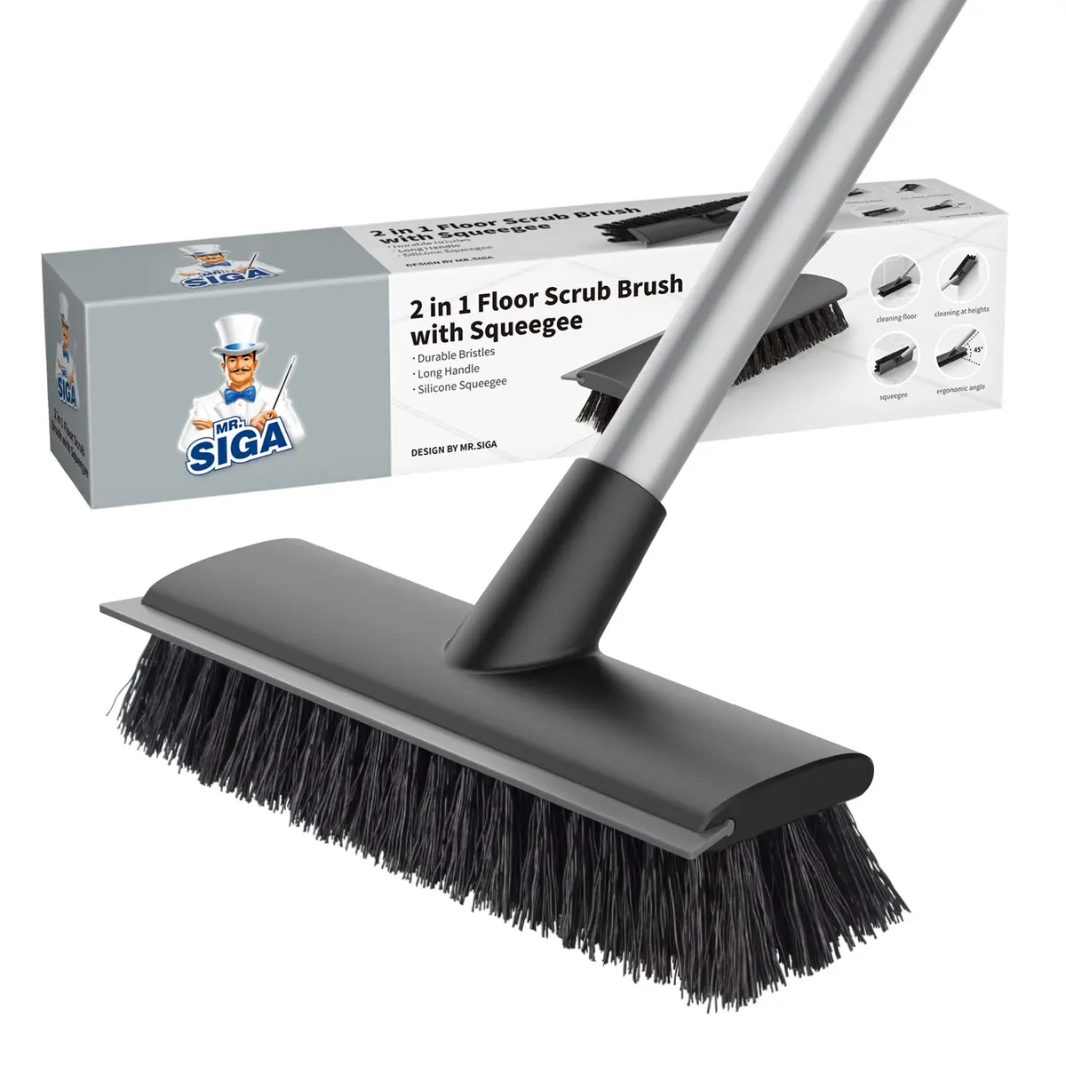 MR.SIGA Floor Scrub Brush with Long Handle & Squeegee, 22.1cm Head | Scrubbing Tools for Tile & Bathroom - main product image