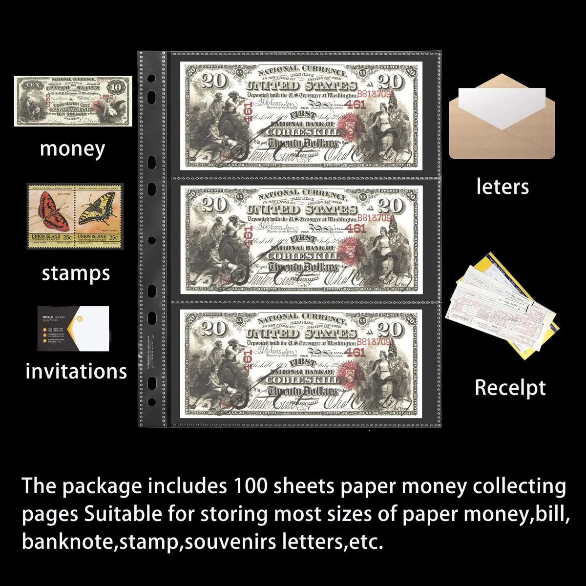 Uncle Paul Currency Pages for Paper Money Collection, 100 Sheets, 3 Pockets | Safe, PP Material, Suitable for Banknotes & Collectibles - view 3