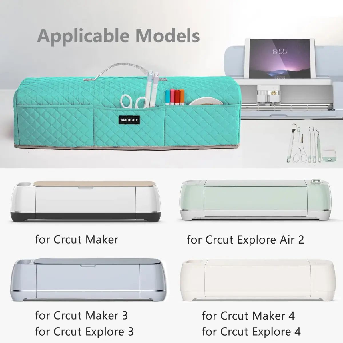 AMOIGEE Padded Dust Cover for Cricut Maker 4, Maker 3, Explore 3, Explore Air 2, Teal 53cm (21" L x 6.5" W x 6" H) | Protects Craft Machines from Dust & Scratches - view 5