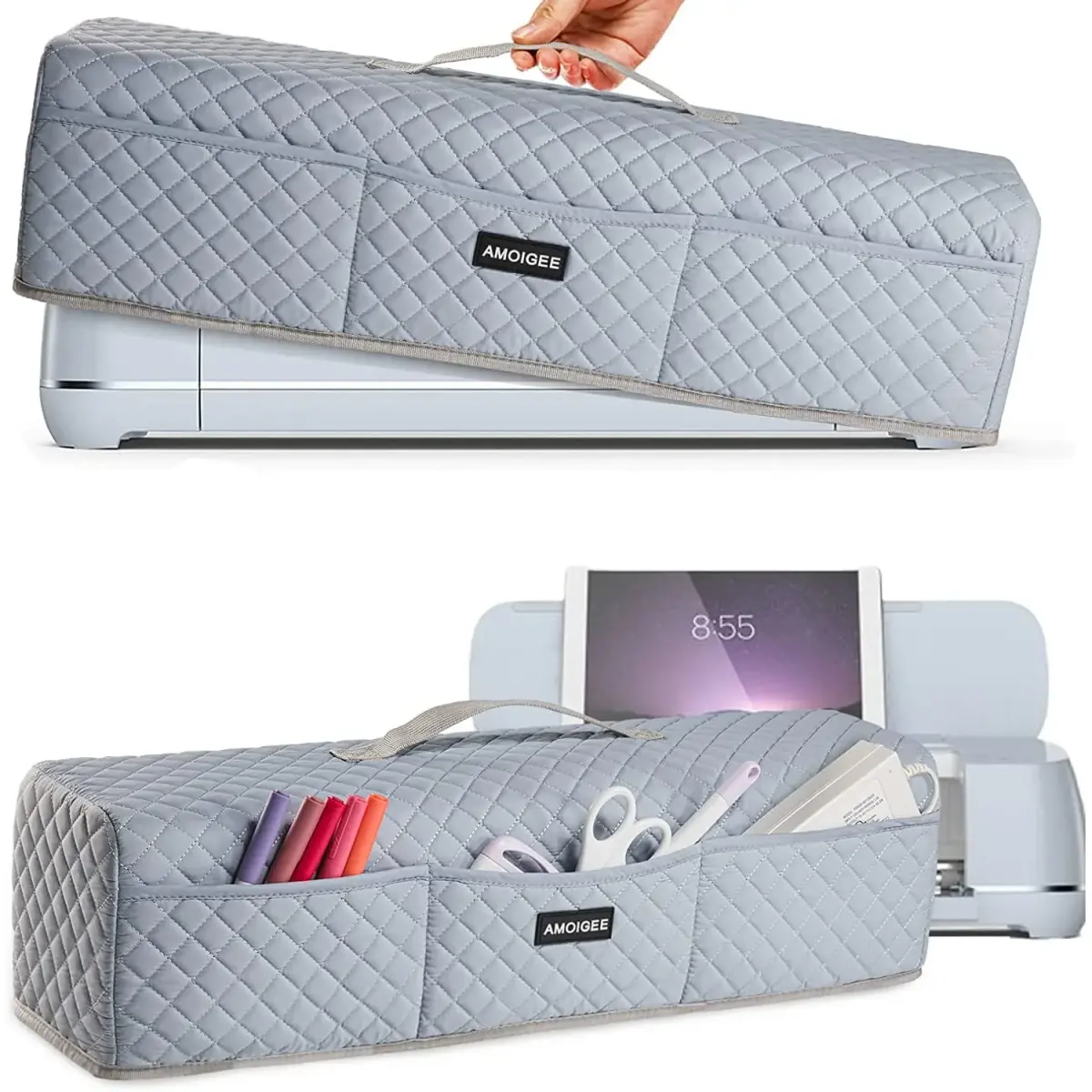 AMOIGEE Padded Dust Cover for Cricut Maker 4, Maker 3, Explore 3, Explore Air 2, Grey | 53cm (21") L x 17cm (6.5") W x 15cm (6") H - main product image
