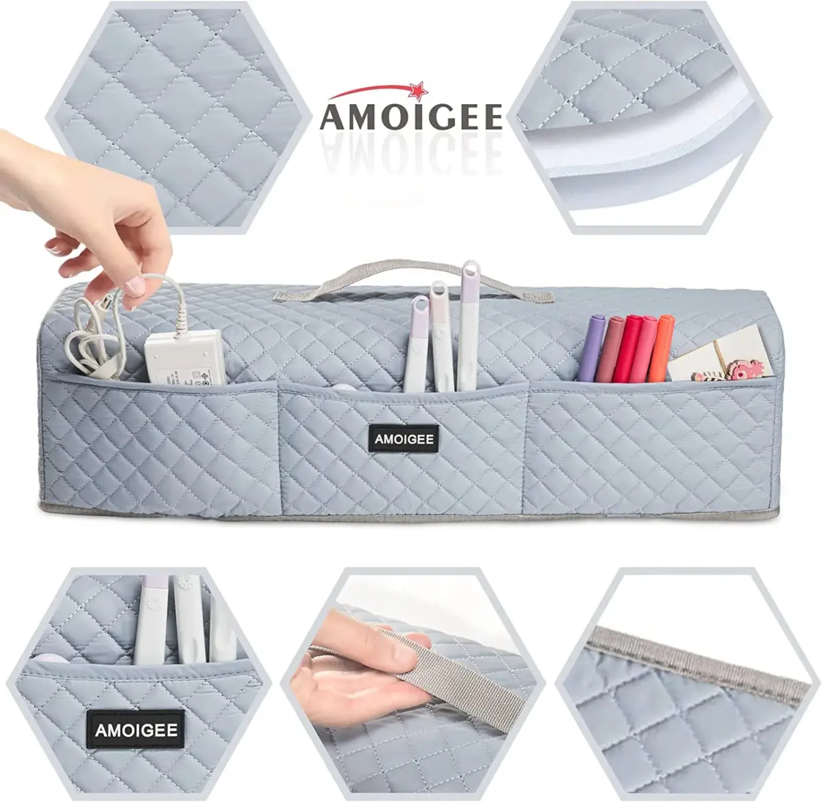 AMOIGEE Padded Dust Cover for Cricut Maker 4, Maker 3, Explore 3, Explore Air 2, Grey | 53cm (21") L x 17cm (6.5") W x 15cm (6") H - view 5