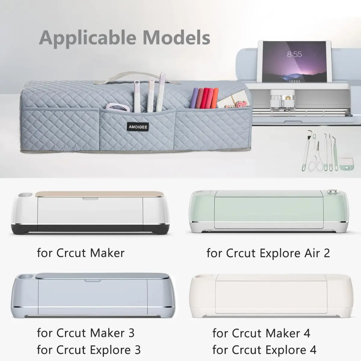 AMOIGEE Padded Dust Cover for Cricut Maker 4, Maker 3, Explore 3, Explore Air 2, Grey | 53cm (21") L x 17cm (6.5") W x 15cm (6") H - view 3