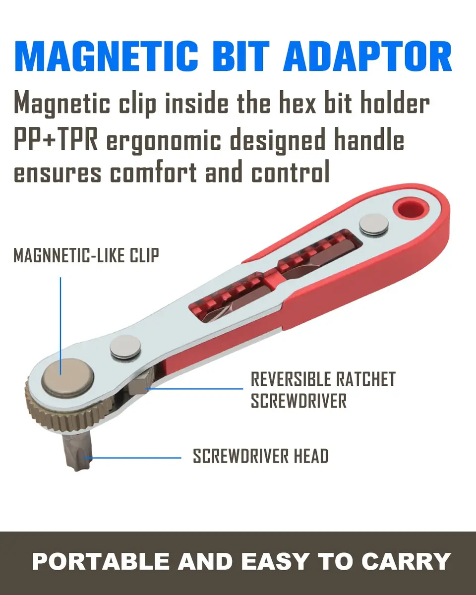 ROTATION 44pc Bit Set with 1/4 Mini Ratchet Offset Screwdriver | Compact Chrome Vanadium Steel Tool for Tight Spaces - view 4