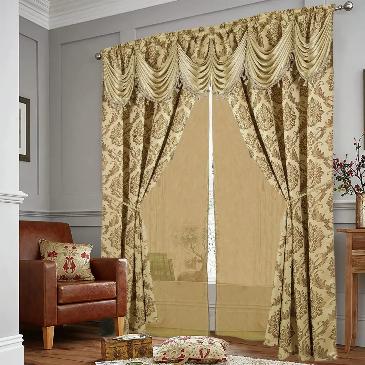 DreamField Linen Curtain Window Panel Taupe 137cm (54" W) x 213cm (84" L) | Light-Filtering Damask Pattern - view 7