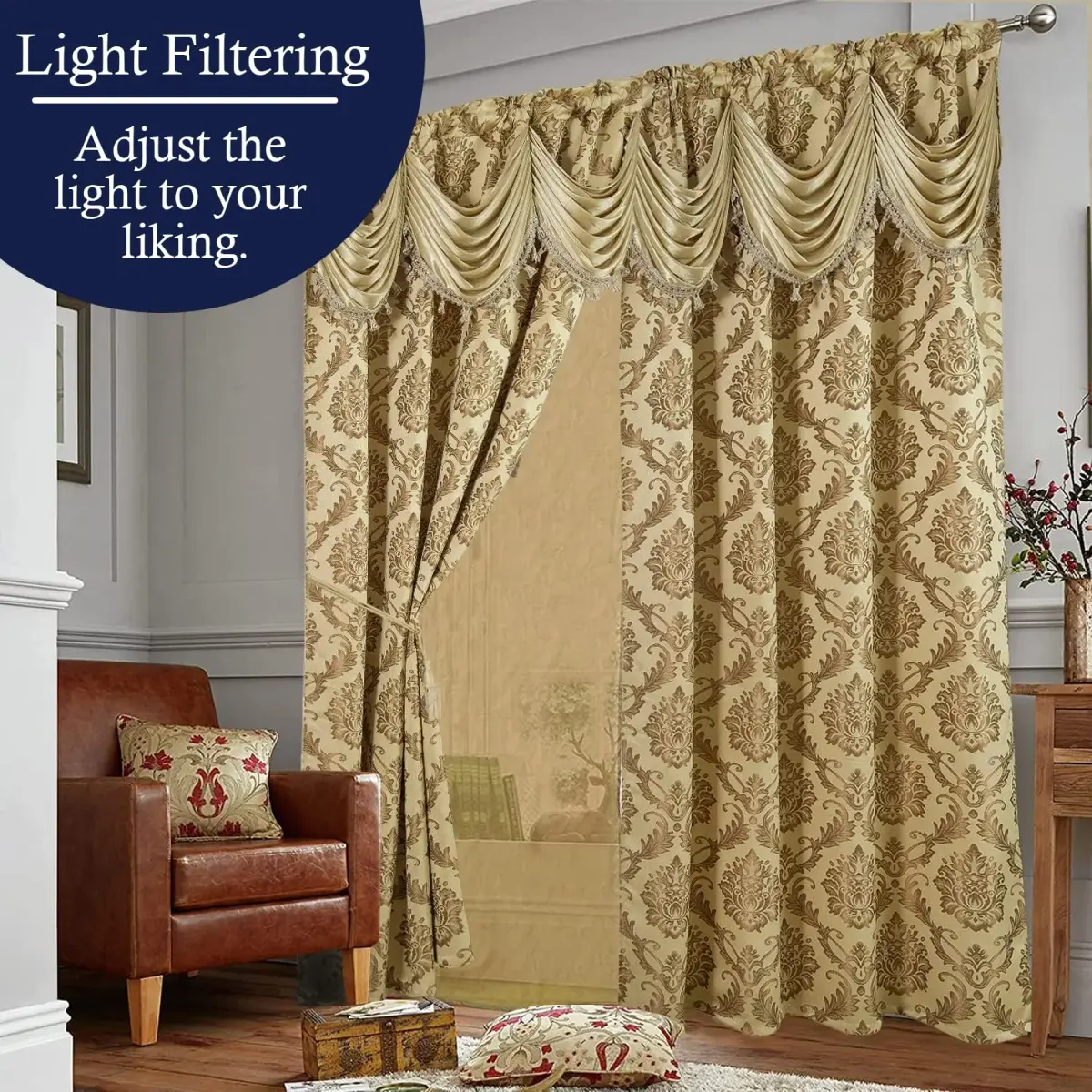DreamField Linen Curtain Window Panel Taupe 137cm (54" W) x 213cm (84" L) | Light-Filtering Damask Pattern - view 3
