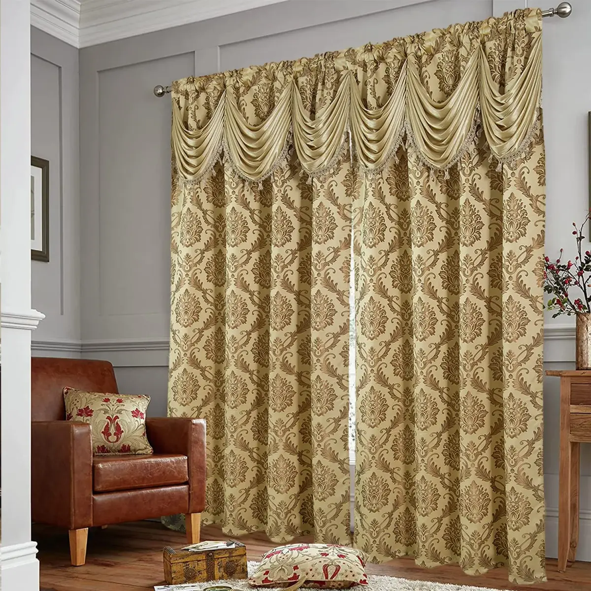 DreamField Linen Curtain Window Panel Taupe 137cm (54" W) x 213cm (84" L) | Light-Filtering Damask Pattern - view 4