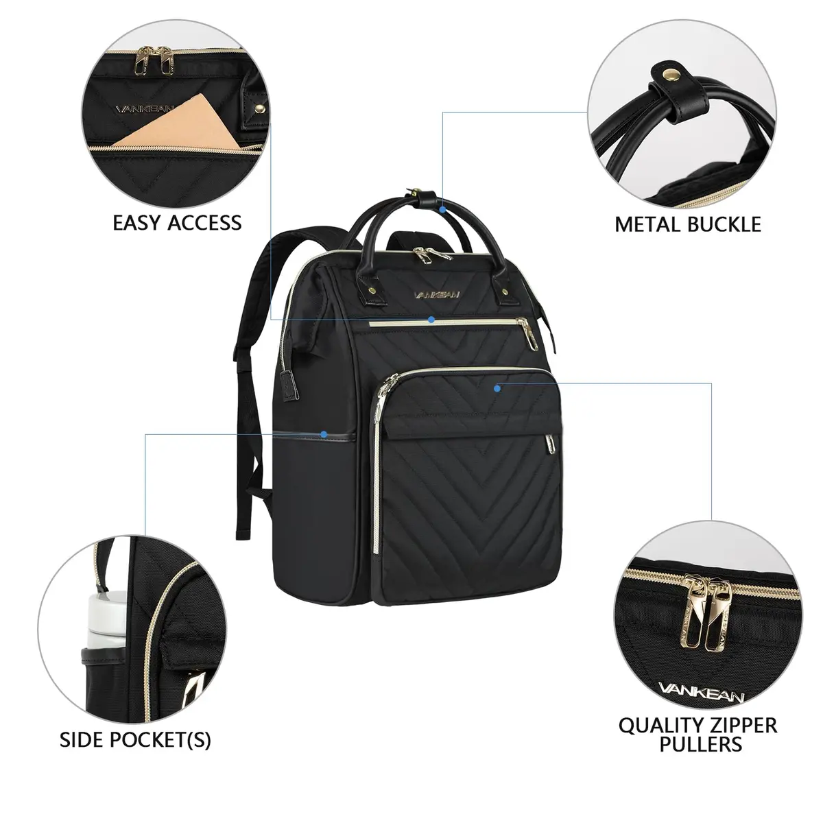 VANKEAN 17.3 Inch Laptop Backpack Quilted Black | Large Capacity Water-Resistant Travel Bag - view 5