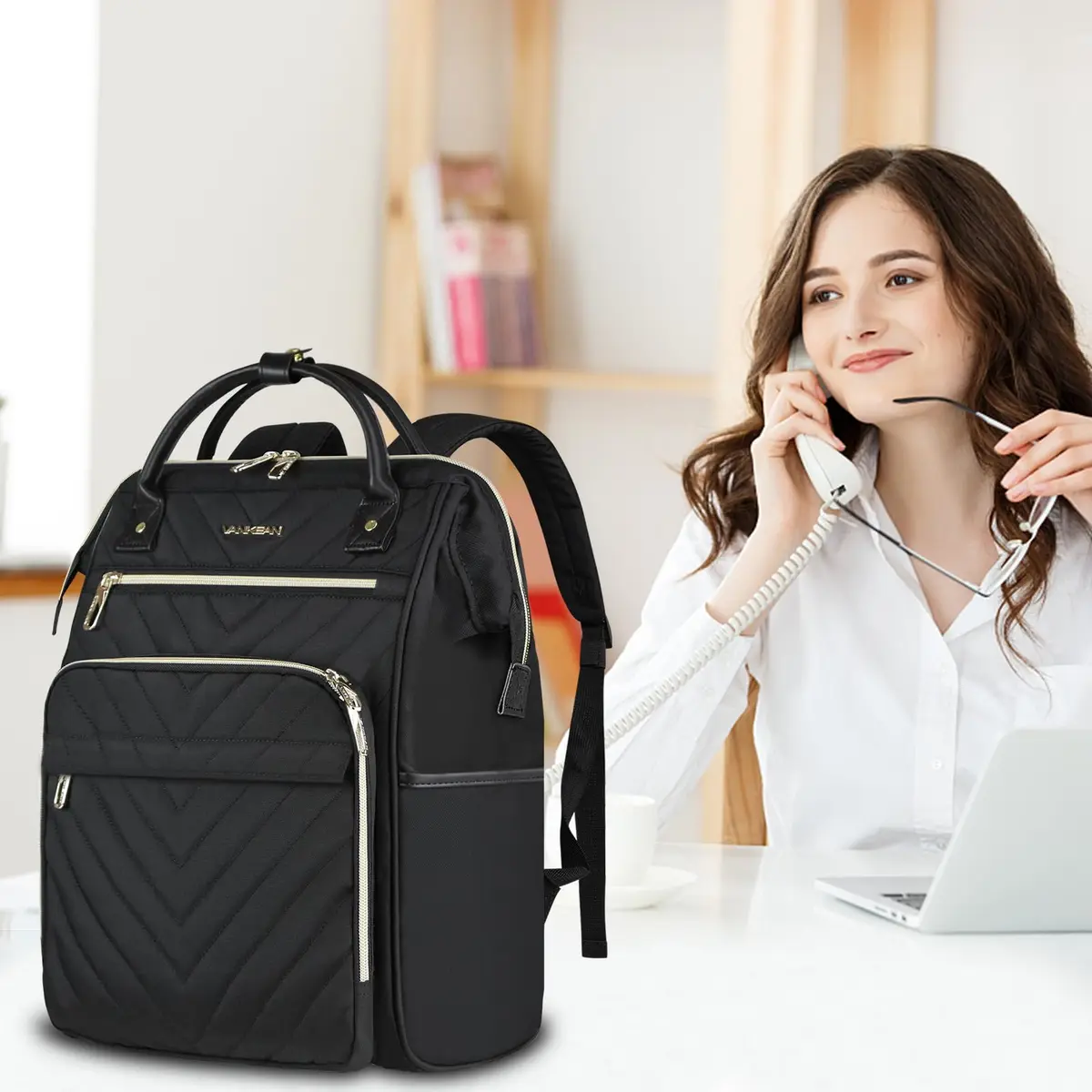 VANKEAN 17.3 Inch Laptop Backpack Quilted Black | Large Capacity Water-Resistant Travel Bag - view 6