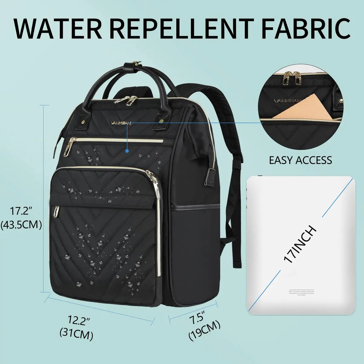 VANKEAN 17.3 Inch Laptop Backpack Quilted Black | Large Capacity Water-Resistant Travel Bag - view 2