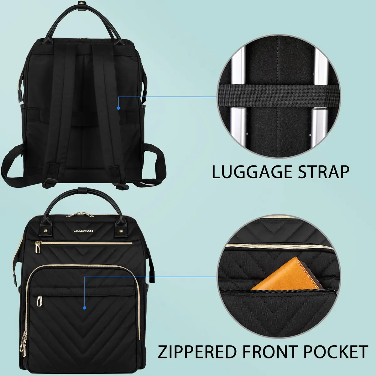 VANKEAN 17.3 Inch Laptop Backpack Quilted Black | Large Capacity Water-Resistant Travel Bag - view 3