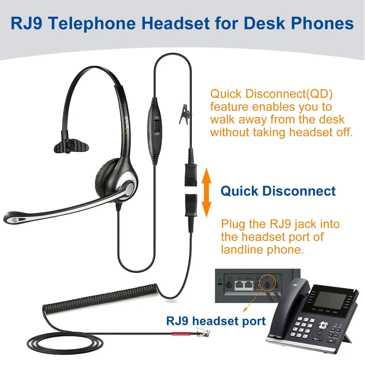 Wantek Yealink Phone Headset with Quick Disconnect Cord | Noise Cancelling, RJ9 Office Headset for Yealink VoIP Phones - view 4