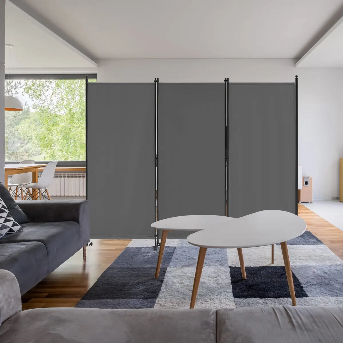 Spurgehom 3 Panel Rolling Room Divider Grey 218.44 cm (86" W x 71" H) | Freestanding Privacy Screen with Wheels - view 2