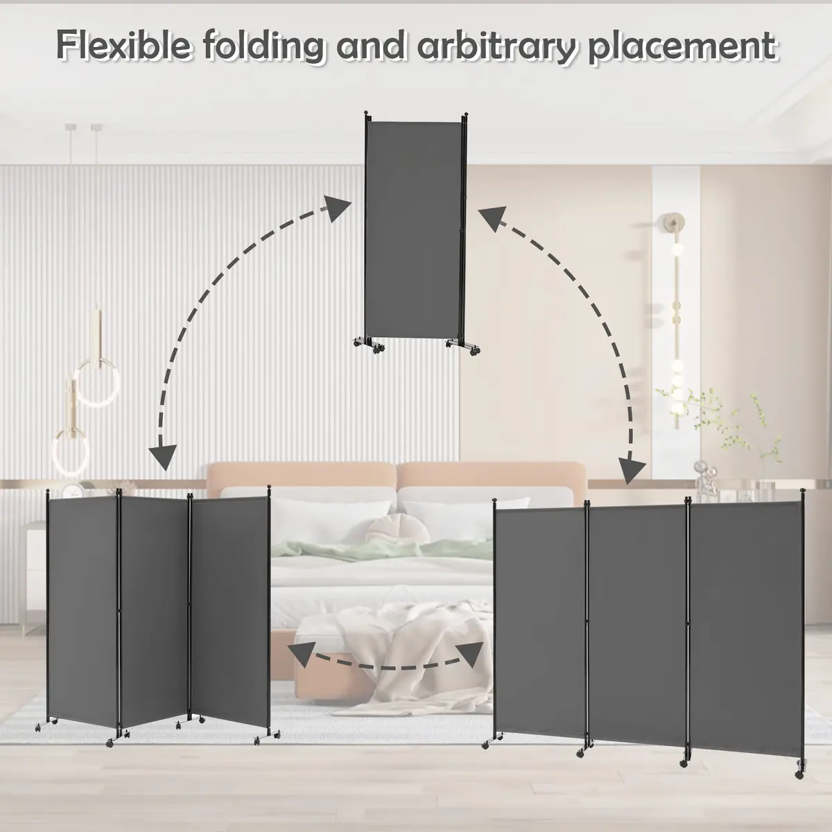 Spurgehom 3 Panel Rolling Room Divider Grey 218.44 cm (86" W x 71" H) | Freestanding Privacy Screen with Wheels - view 4