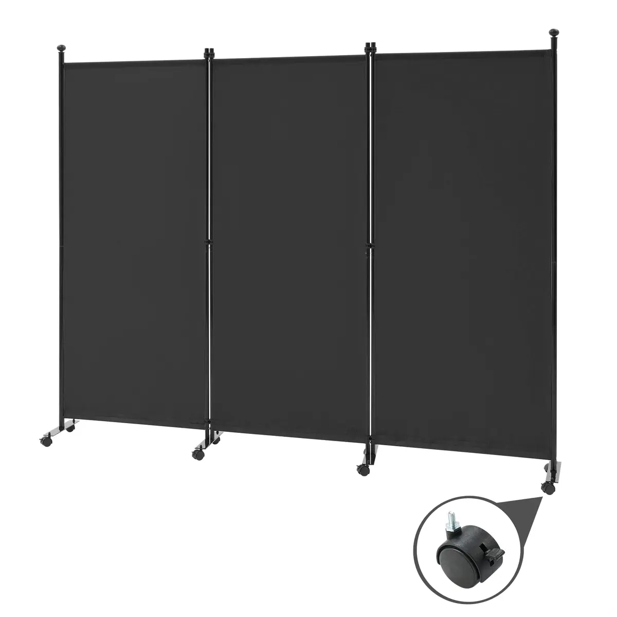Spurgehom 3 Panel Rolling Room Divider with Wheels, Black Fabric Privacy Screen 223.5cm (88" W x 71" H) | Freestanding Foldable Partition - main product image