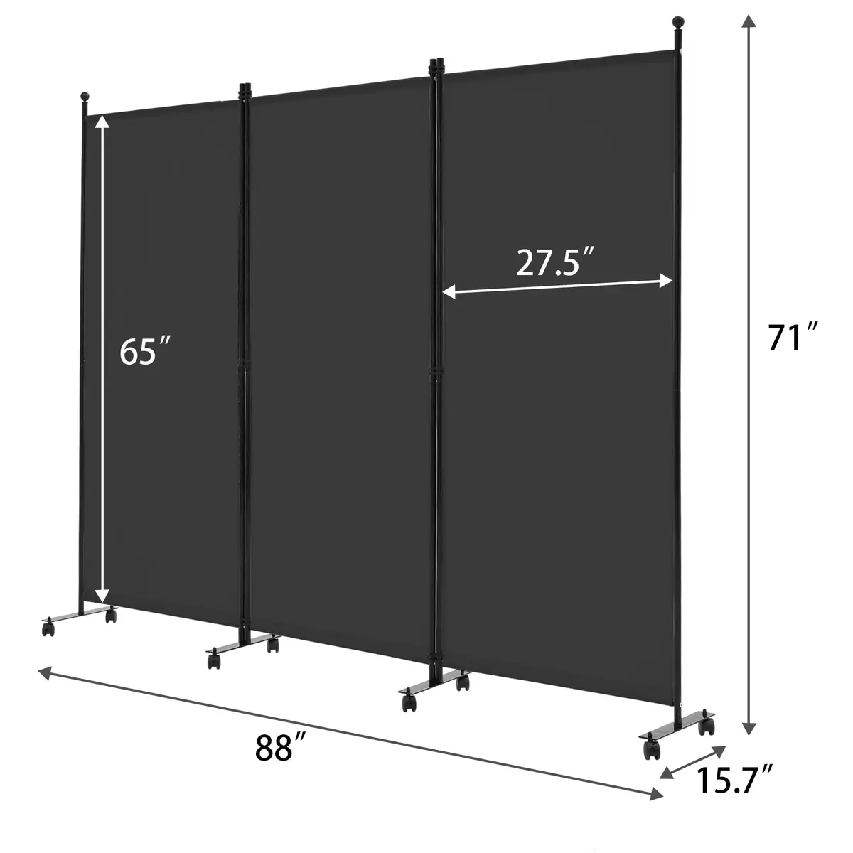 Spurgehom 3 Panel Rolling Room Divider with Wheels, Black Fabric Privacy Screen 223.5cm (88" W x 71" H) | Freestanding Foldable Partition - view 6