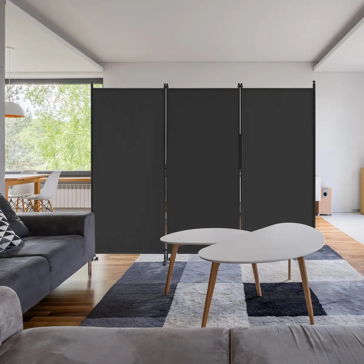 Spurgehom 3 Panel Rolling Room Divider with Wheels, Black Fabric Privacy Screen 223.5cm (88" W x 71" H) | Freestanding Foldable Partition - view 2