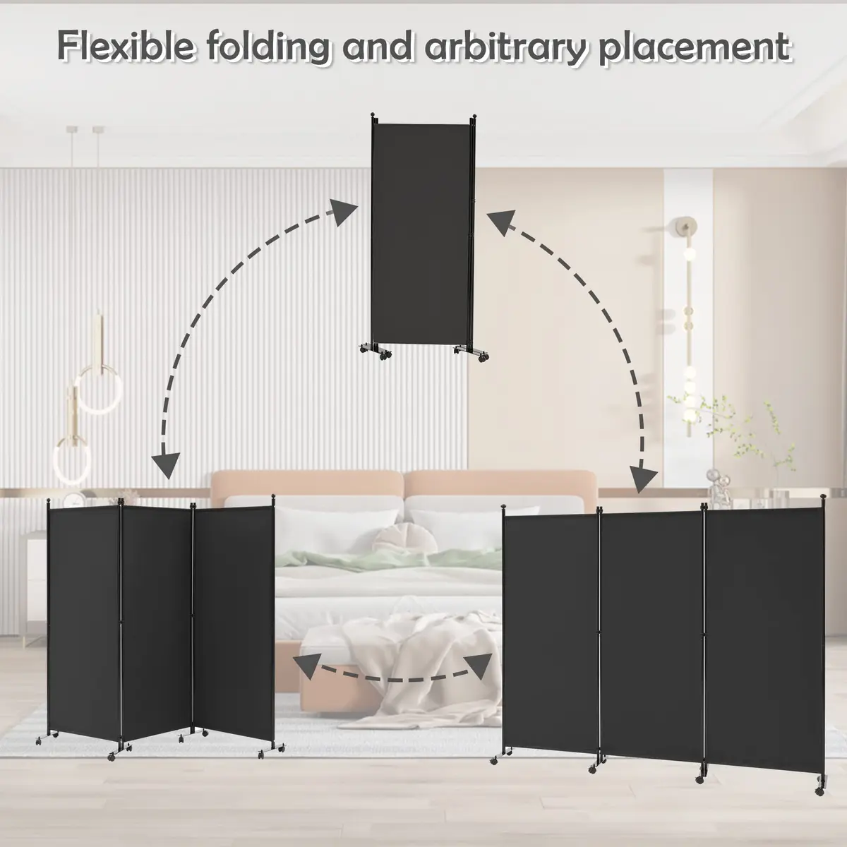 Spurgehom 3 Panel Rolling Room Divider with Wheels, Black Fabric Privacy Screen 223.5cm (88" W x 71" H) | Freestanding Foldable Partition - view 4