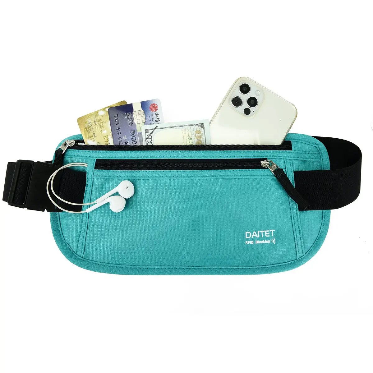 DAITET RFID Blocking Money Belt Slim Fanny Pack for Travel, Running, Passport Holder, Phone, Cash (Black Mint Green) - main product image