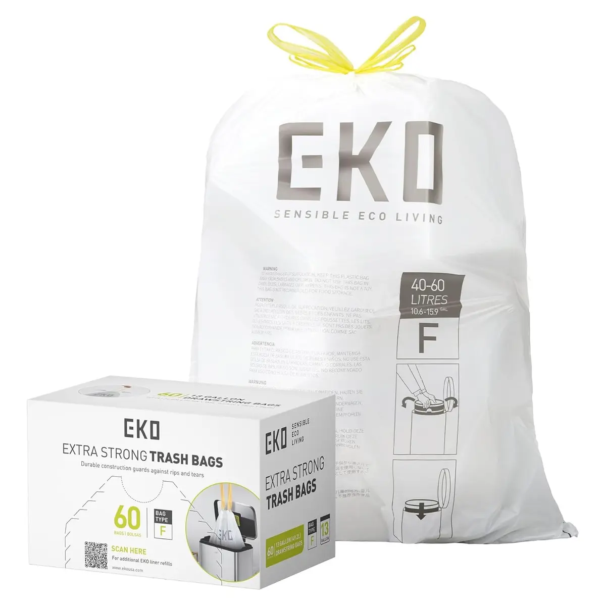 EKO 13 Gallon / 40-60 Liter Drawstring Trash Bags, 60 Count | Leak-Resistant Extra-Strong Garbage Bags - main product image