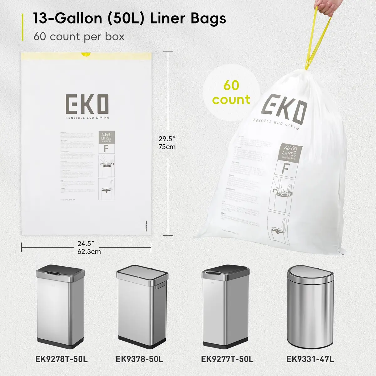 EKO 13 Gallon / 40-60 Liter Drawstring Trash Bags, 60 Count | Leak-Resistant Extra-Strong Garbage Bags - view 6