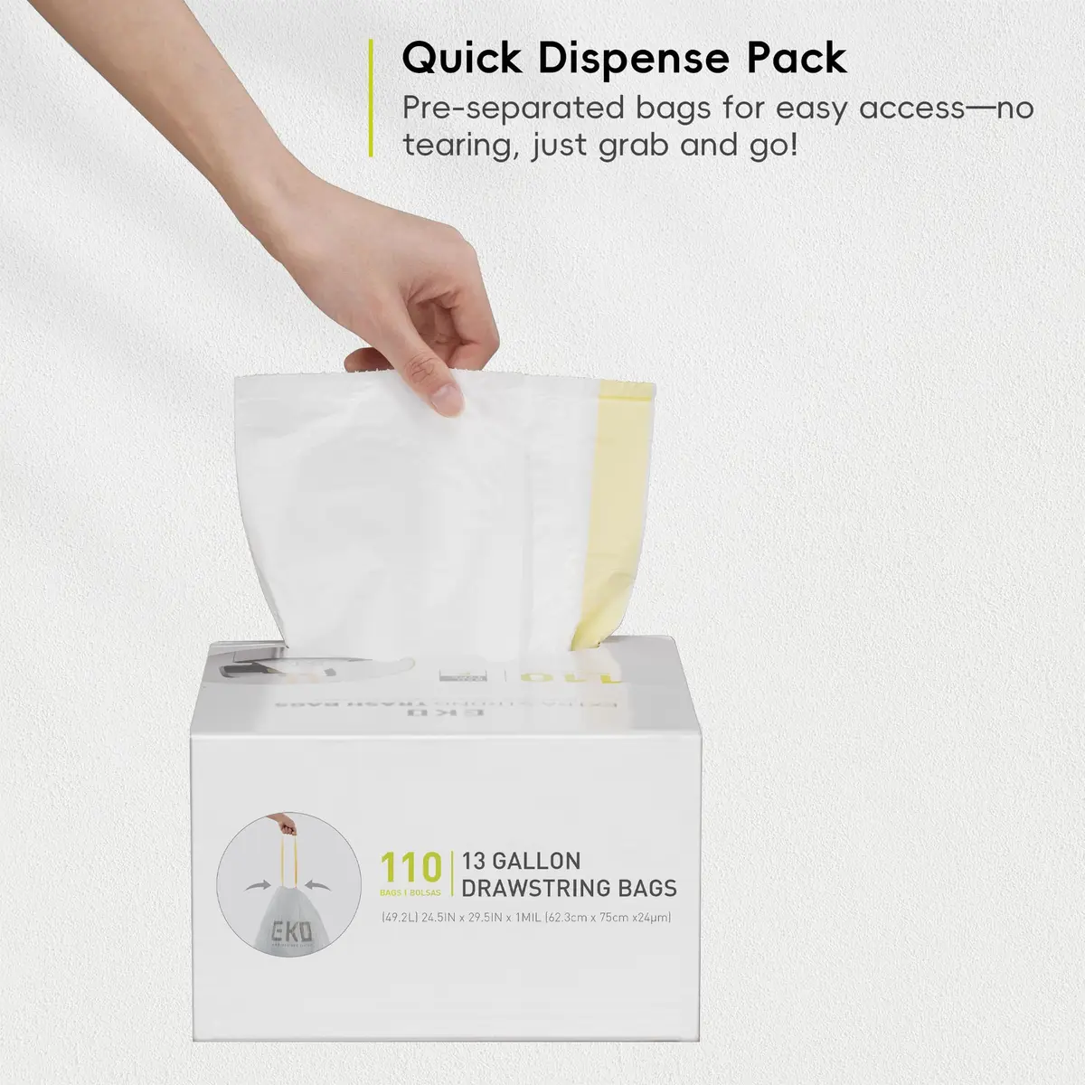 EKO 13 Gallon / 40-60 Liter Drawstring Trash Bags, 60 Count | Leak-Resistant Extra-Strong Garbage Bags - view 8