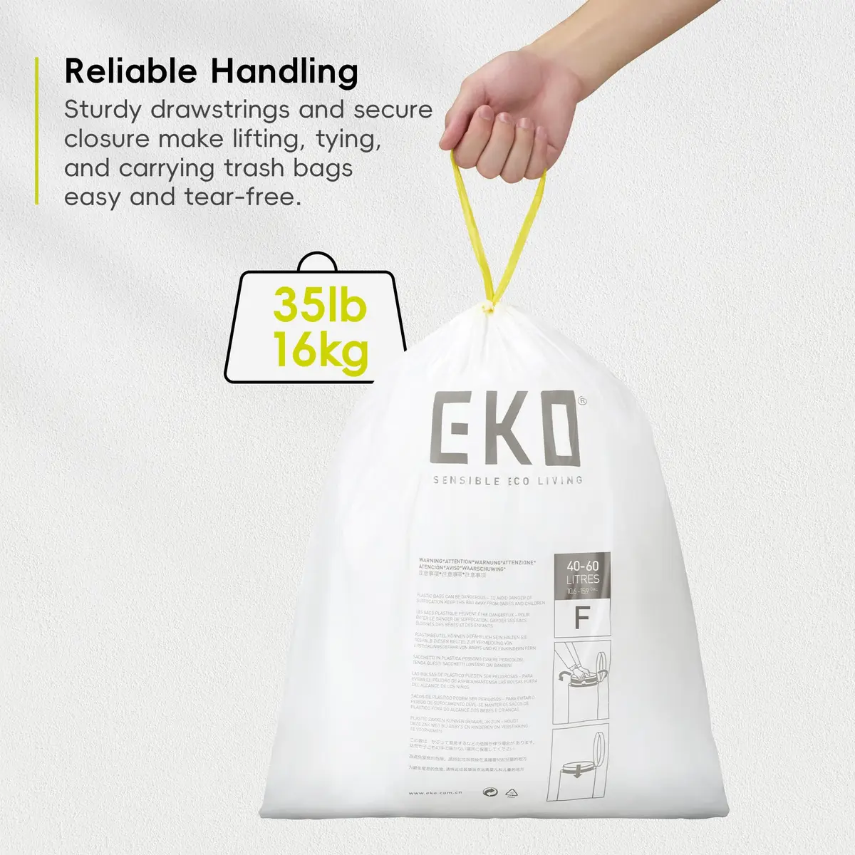 EKO 13 Gallon / 40-60 Liter Drawstring Trash Bags, 60 Count | Leak-Resistant Extra-Strong Garbage Bags - view 4