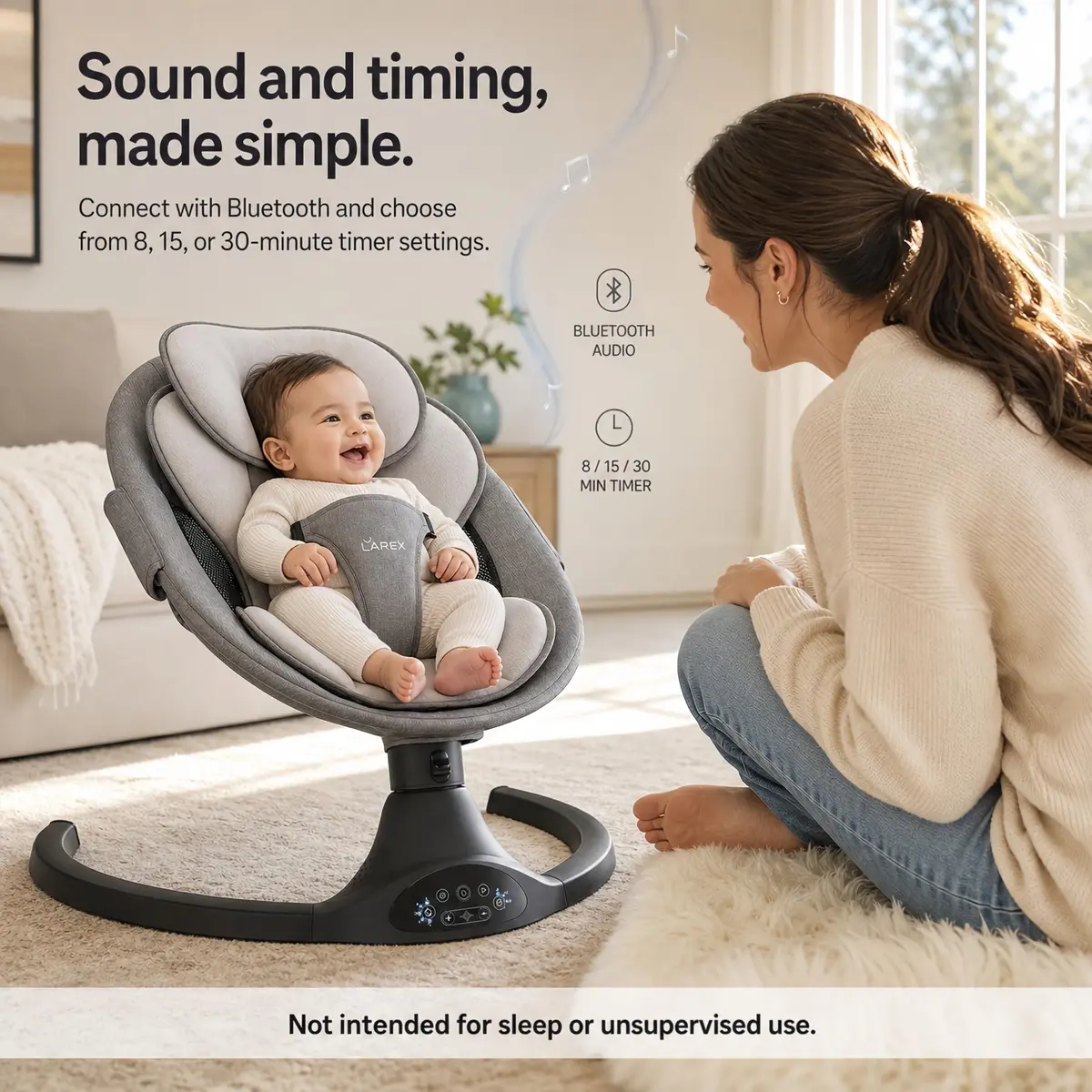 Larex Baby Swing | 5 Speeds, Bluetooth & Remote Control, Black, Large - view 5