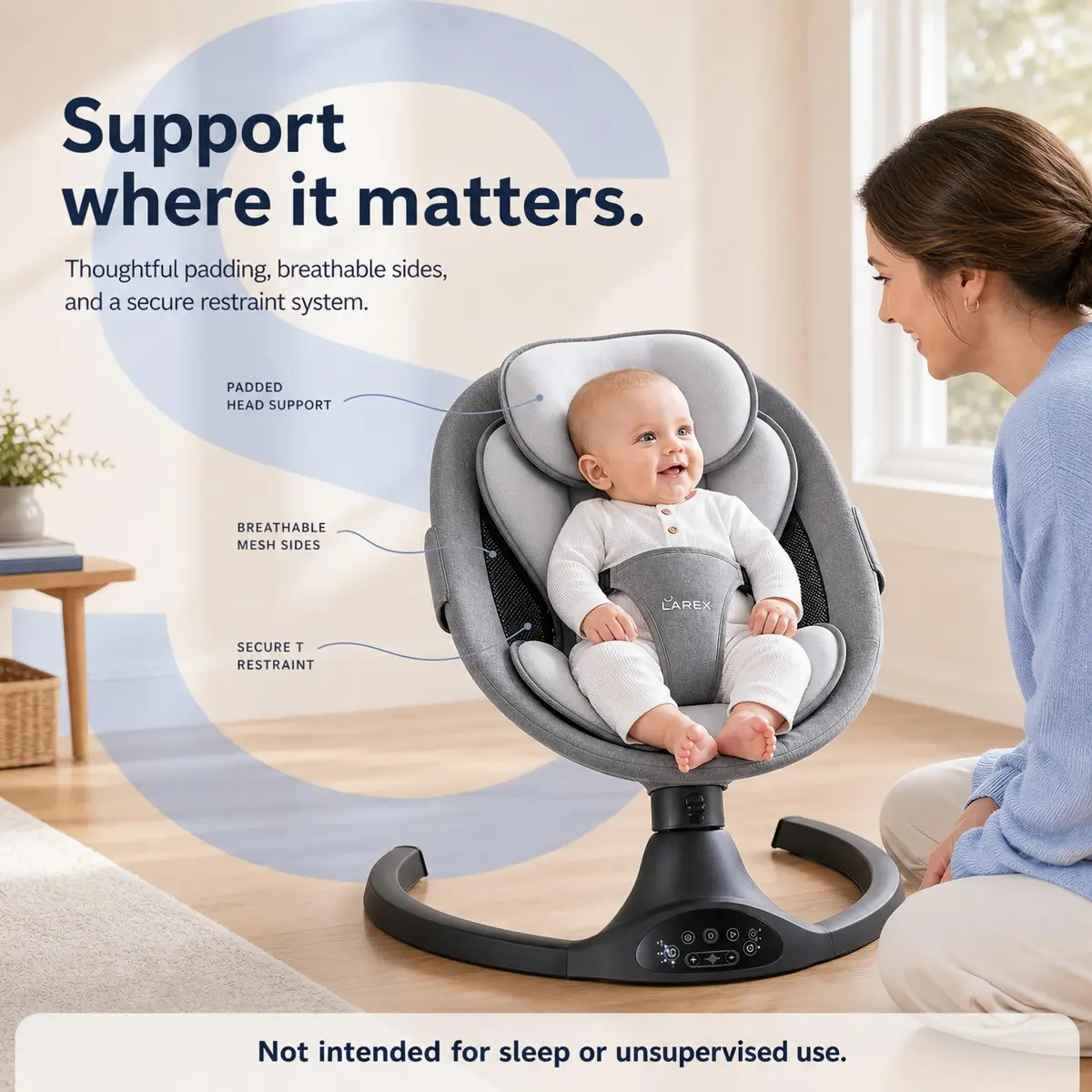 Larex Baby Swing | 5 Speeds, Bluetooth & Remote Control, Black, Large - view 6