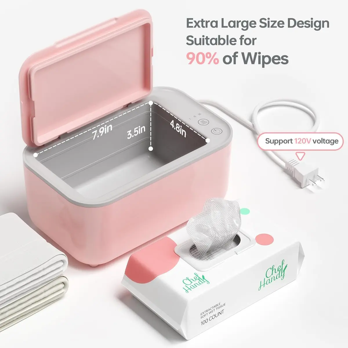 Chefhandy Pink Baby Wipe Warmer with 3 Temperature Settings, Large Capacity | Surround Heating for Even Warmth - view 5