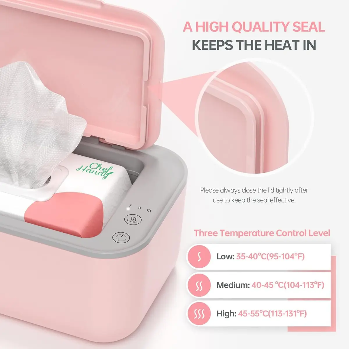 Chefhandy Pink Baby Wipe Warmer with 3 Temperature Settings, Large Capacity | Surround Heating for Even Warmth - view 6