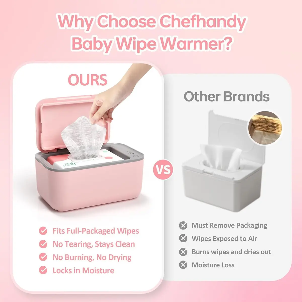 Chefhandy Pink Baby Wipe Warmer with 3 Temperature Settings, Large Capacity | Surround Heating for Even Warmth - view 4