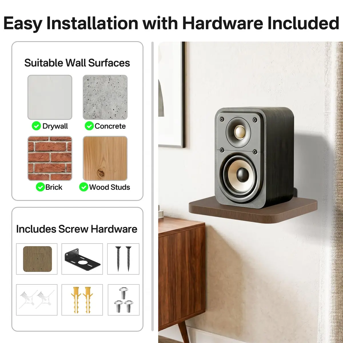 Aiweiwa Small Speaker Shelf Wall Mount Pair, 5.3" x 6.7" Adjustable Rear Speaker Wall Shelves for Small Surround Sound Speakers, Wooden Floating Speaker Wall Shelves, Up to 7 lbs Per Shelf | Compact, Adjustable, Wooden Design - view 5