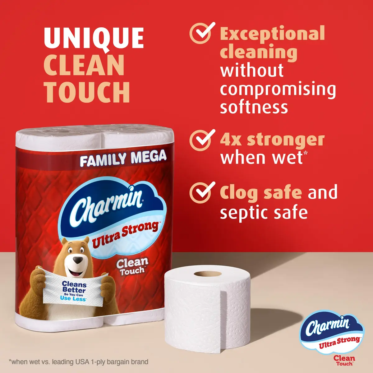 Charmin Ultra Strong Clean Touch Toilet Paper 30 Family Mega Rolls (8250 Sheets) | 4X Stronger When Wet - view 2