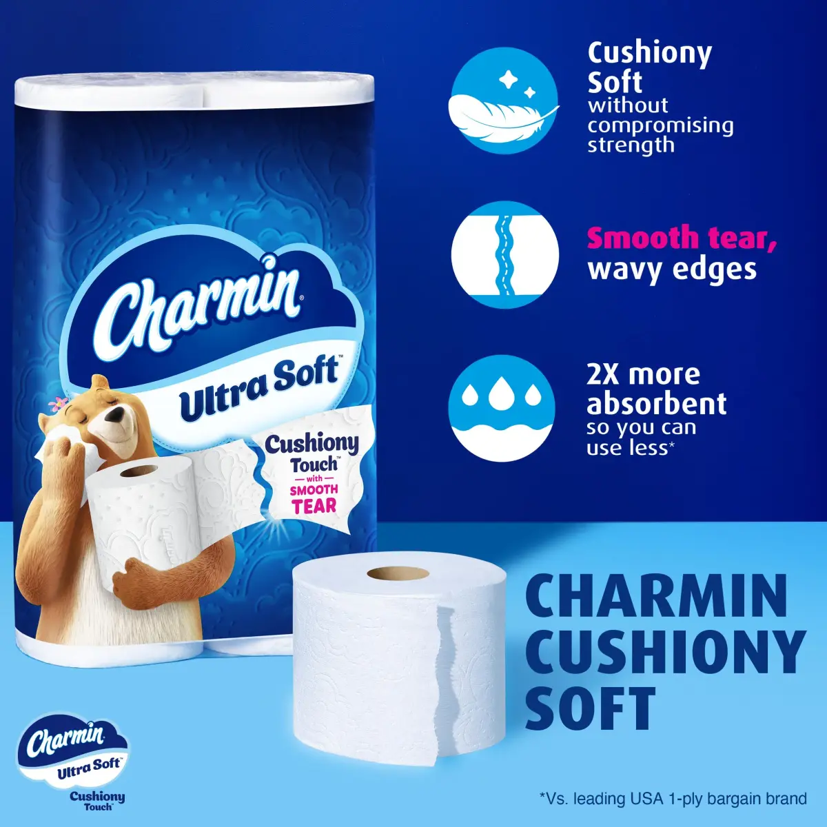 Charmin Ultra Soft Cushiony Touch Toilet Paper 30 Family Mega Rolls (8640 Sheets Total) | Soft, Absorbent, Clog-Safe - view 3