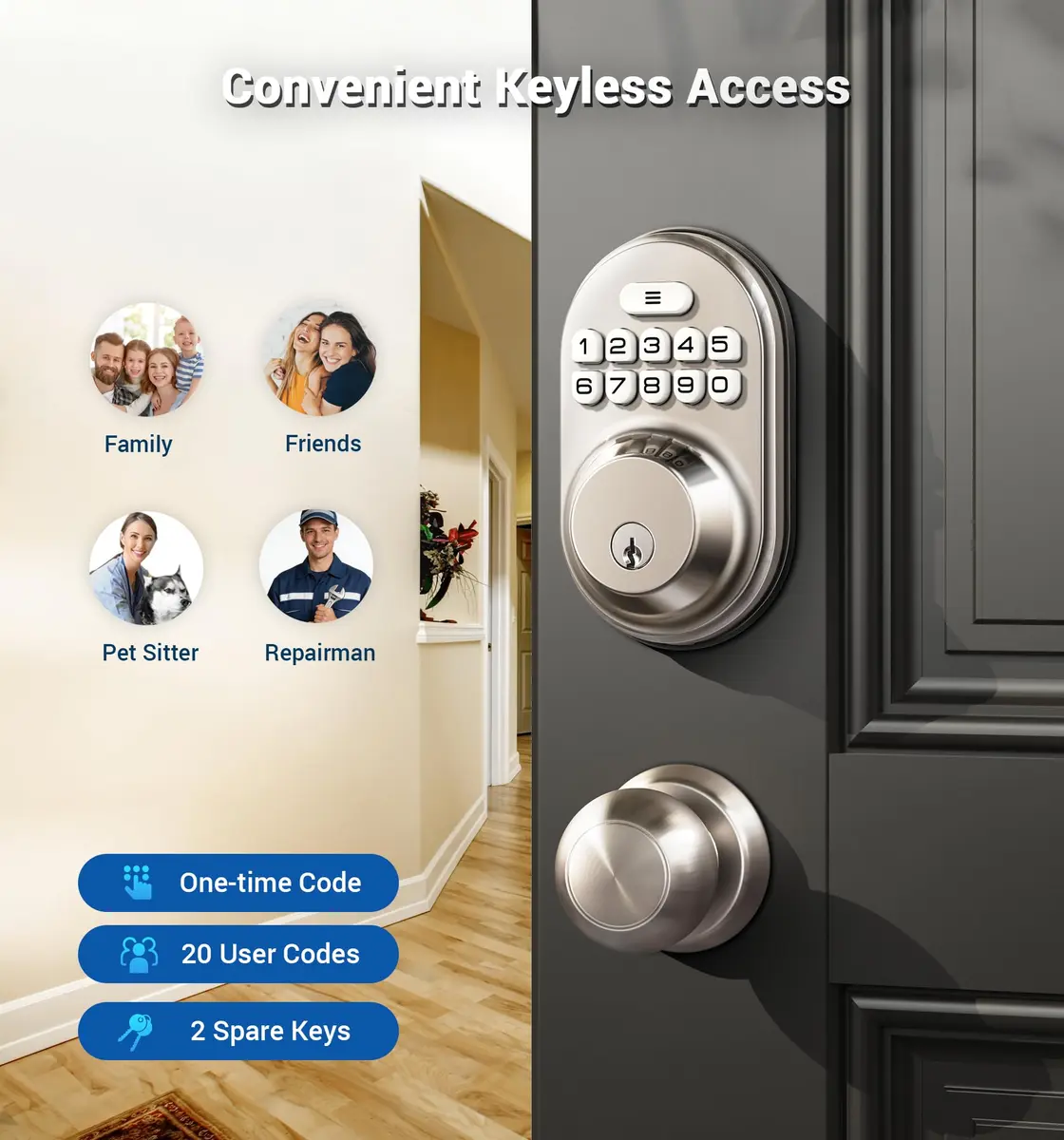 Veise Deadbolt Keypad Lock Satin Nickel | Keyless Entry, Auto Lock & Weatherproof (70-120 chars) - view 2