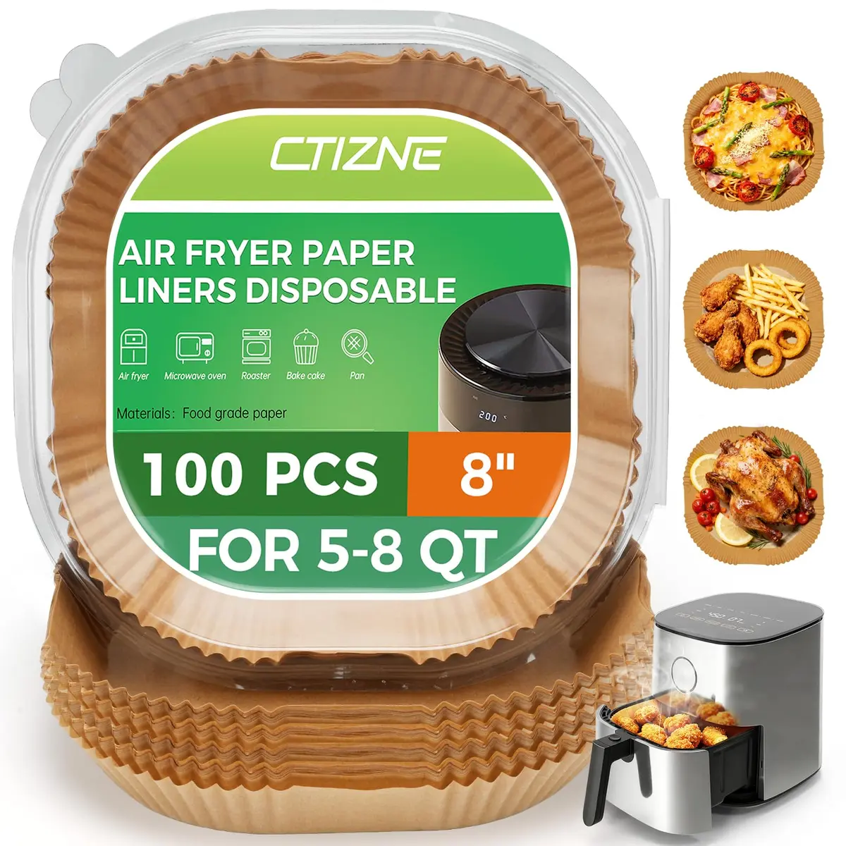 ctizne Air Fryer Liners Disposable 8" Square | Leak-Proof, Food-Grade, 100Pcs for 5-8 QT - main product image